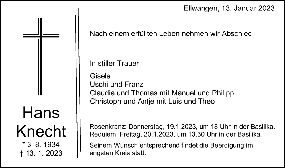  Traueranzeige für Hans Knecht vom 17.01.2023 aus Schwäbische Post