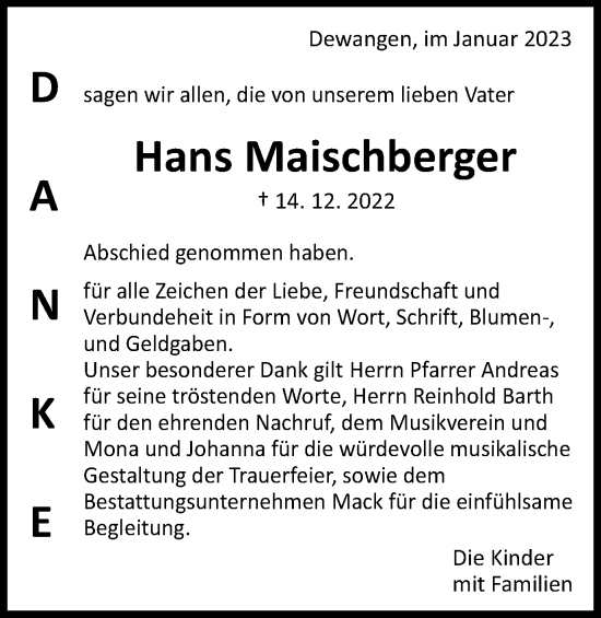 Traueranzeige von Hans Maischberger von Schwäbische Post