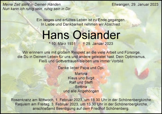 Traueranzeige von Hans Osiander von Schwäbische Post