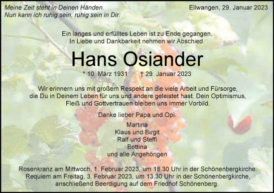 Traueranzeige von Hans Osiander