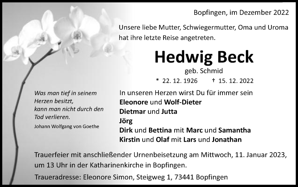  Traueranzeige für Hedwig Beck vom 05.01.2023 aus Schwäbische Post