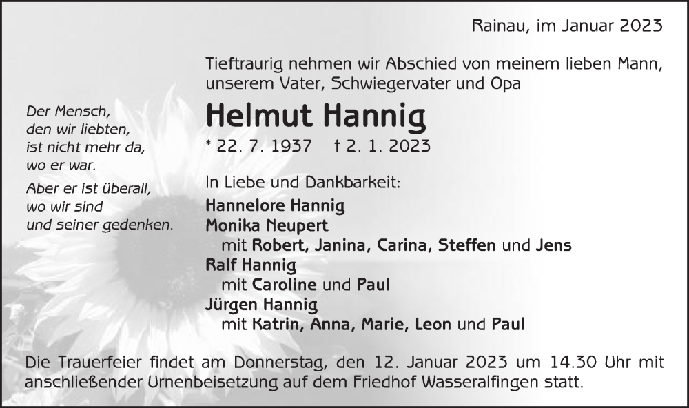  Traueranzeige für Helmut Hannig vom 07.01.2023 aus Schwäbische Post
