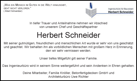 Traueranzeige von Herbert Schneider von Schwäbische Post