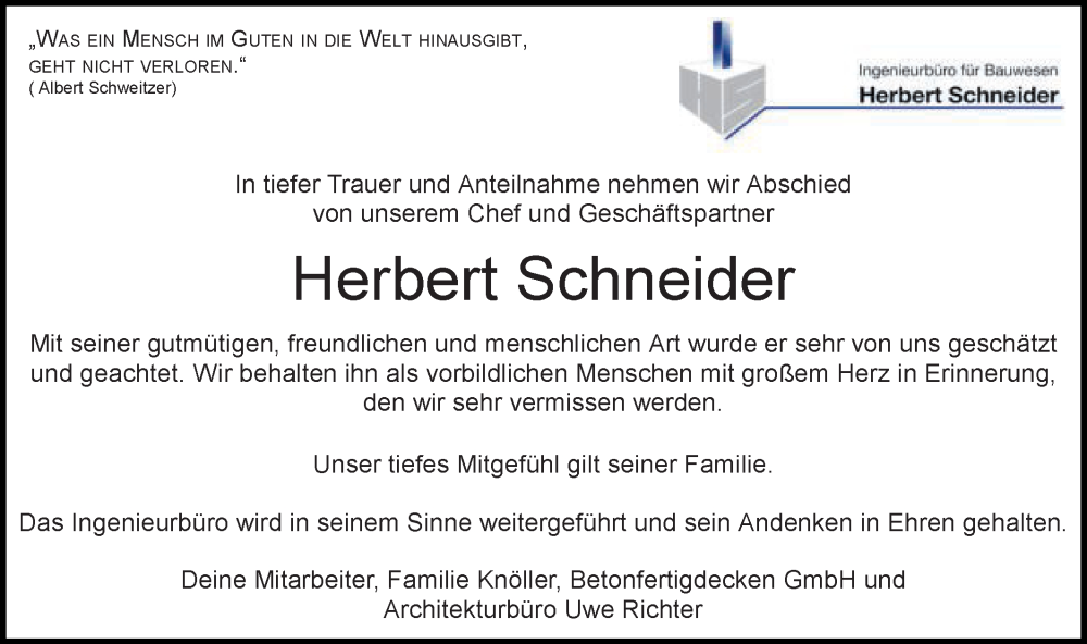  Traueranzeige für Herbert Schneider vom 12.01.2023 aus Schwäbische Post