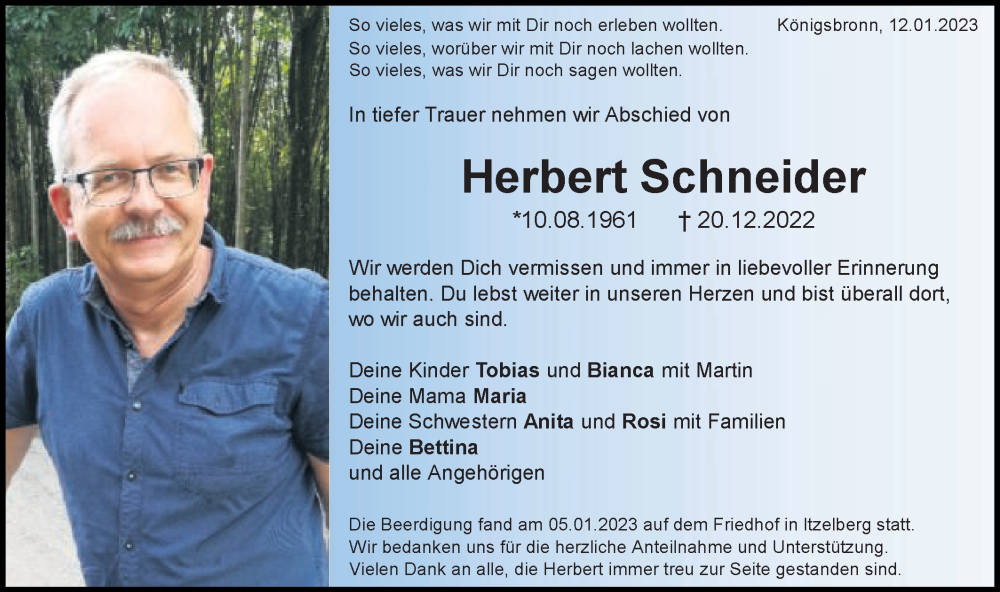  Traueranzeige für Herbert Schneider vom 12.01.2023 aus Schwäbische Post