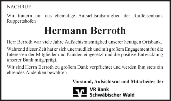 Traueranzeige von Hermann Berroth von Gmünder Tagespost