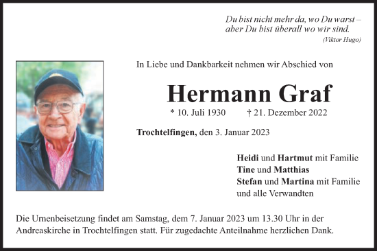 Traueranzeige von Hermann Graf von Schwäbische Post