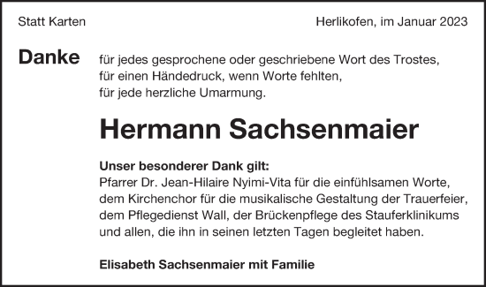 Traueranzeige von Hermann Sachsenmaier von Gmünder Tagespost