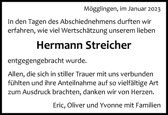 Traueranzeige von Hermann Streicher von Gmünder Tagespost