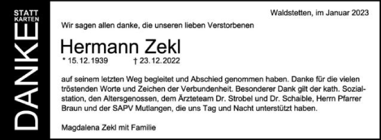 Traueranzeige von Hermann Zekl von Gmünder Tagespost