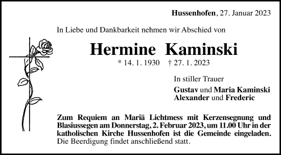 Traueranzeige von Hermine Kaminski von Gmünder Tagespost
