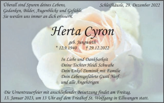 Traueranzeige von Herta Cyron von Schwäbische Post