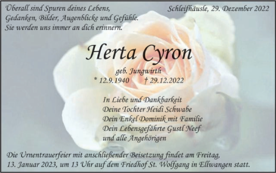 Traueranzeige von Herta Cyron