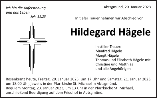 Traueranzeige von Hildegard Hägele von Schwäbische Post