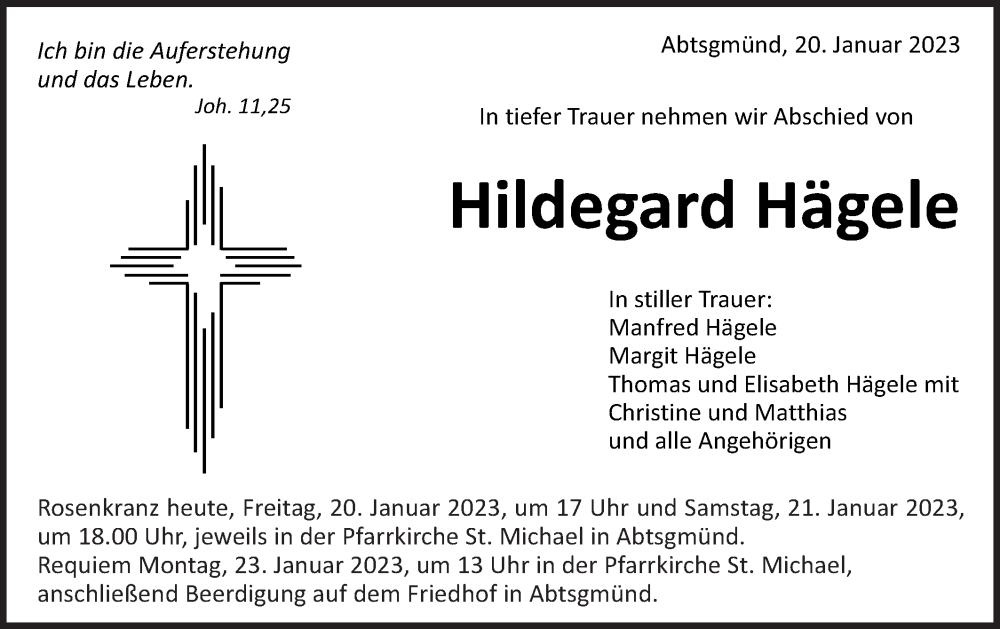  Traueranzeige für Hildegard Hägele vom 20.01.2023 aus Schwäbische Post