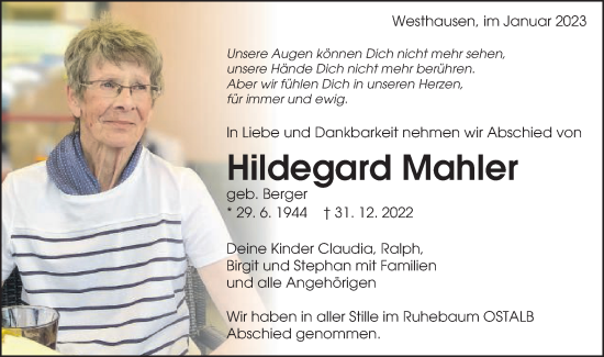 Traueranzeige von Hildegard Mahler von Schwäbische Post