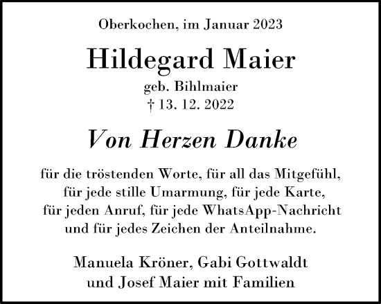 Traueranzeige von Hildegard Maier von Schwäbische Post