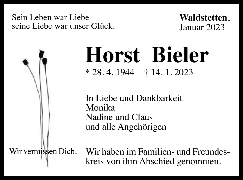  Traueranzeige für Horst Bieler vom 28.01.2023 aus Gmünder Tagespost