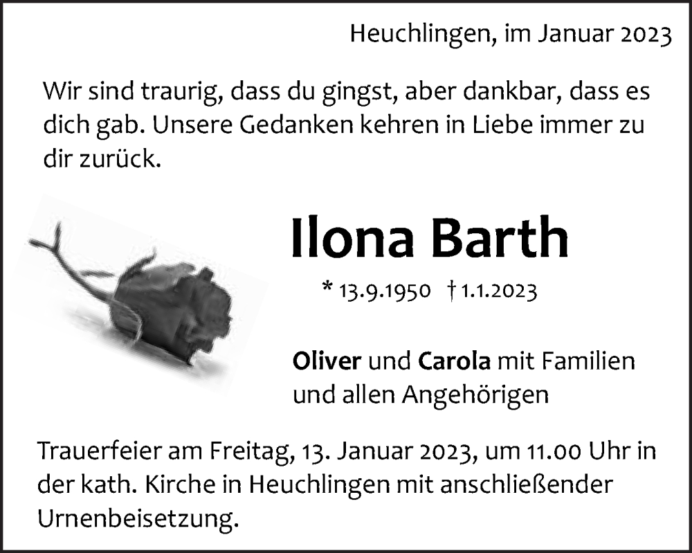  Traueranzeige für Ilona Barth vom 11.01.2023 aus Gmünder Tagespost