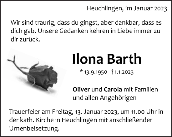 Traueranzeige von Ilona Barth von Gmünder Tagespost