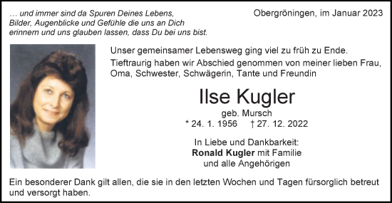 Traueranzeige von Ilse Kugler von Gmünder Tagespost