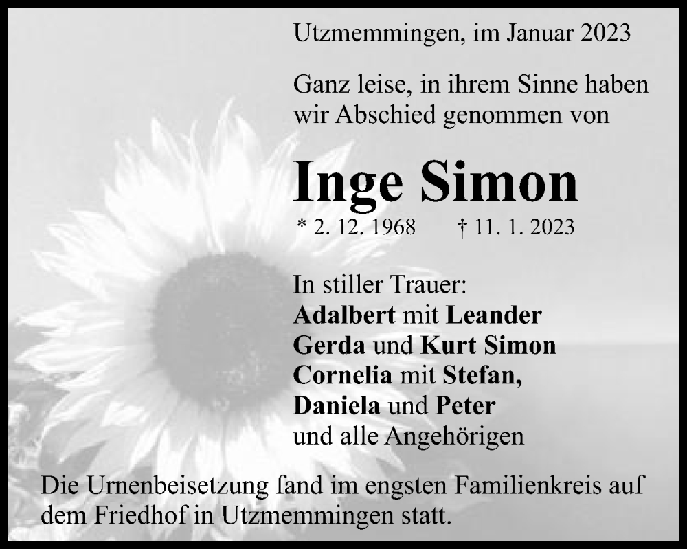  Traueranzeige für Inge Simon vom 23.01.2023 aus Schwäbische Post