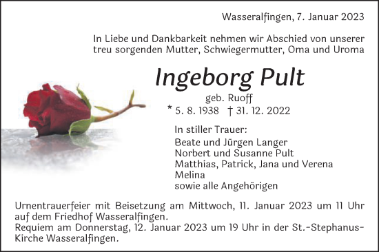 Traueranzeige von Ingeborg Pult  von Schwäbische Post