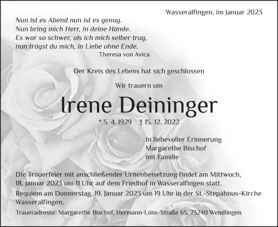 Traueranzeige von Irene Deininger von Schwäbische Post