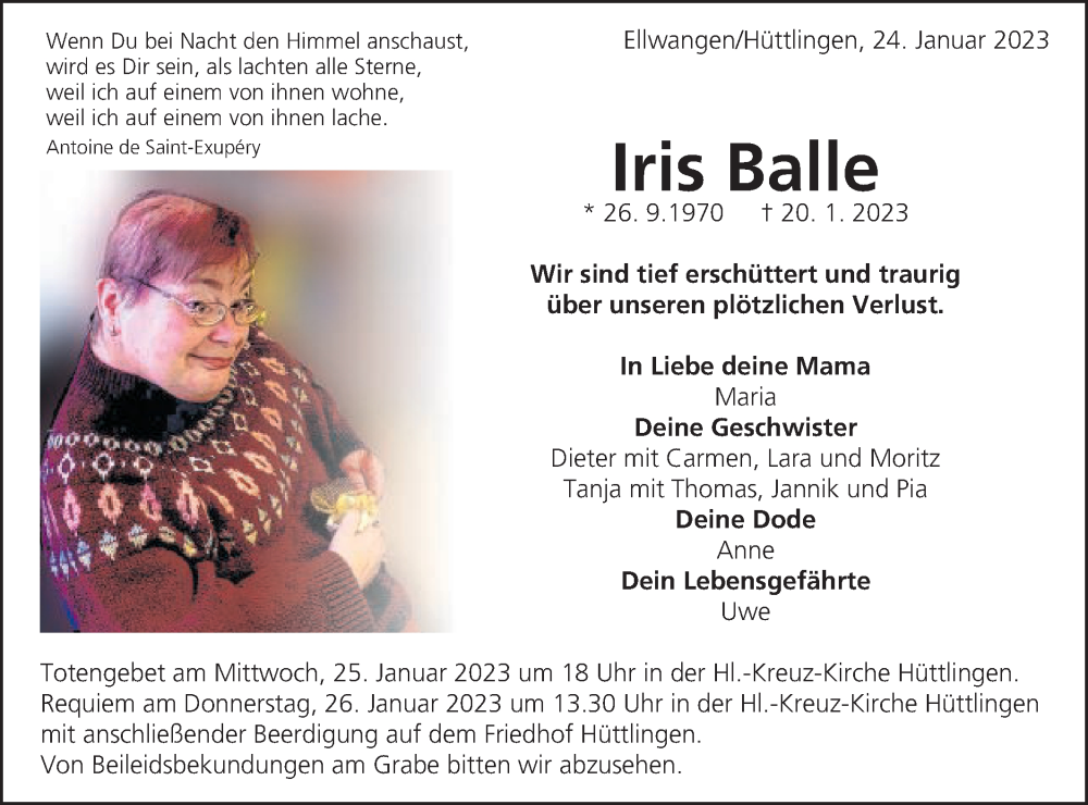  Traueranzeige für Iris Balle vom 24.01.2023 aus Schwäbische Post