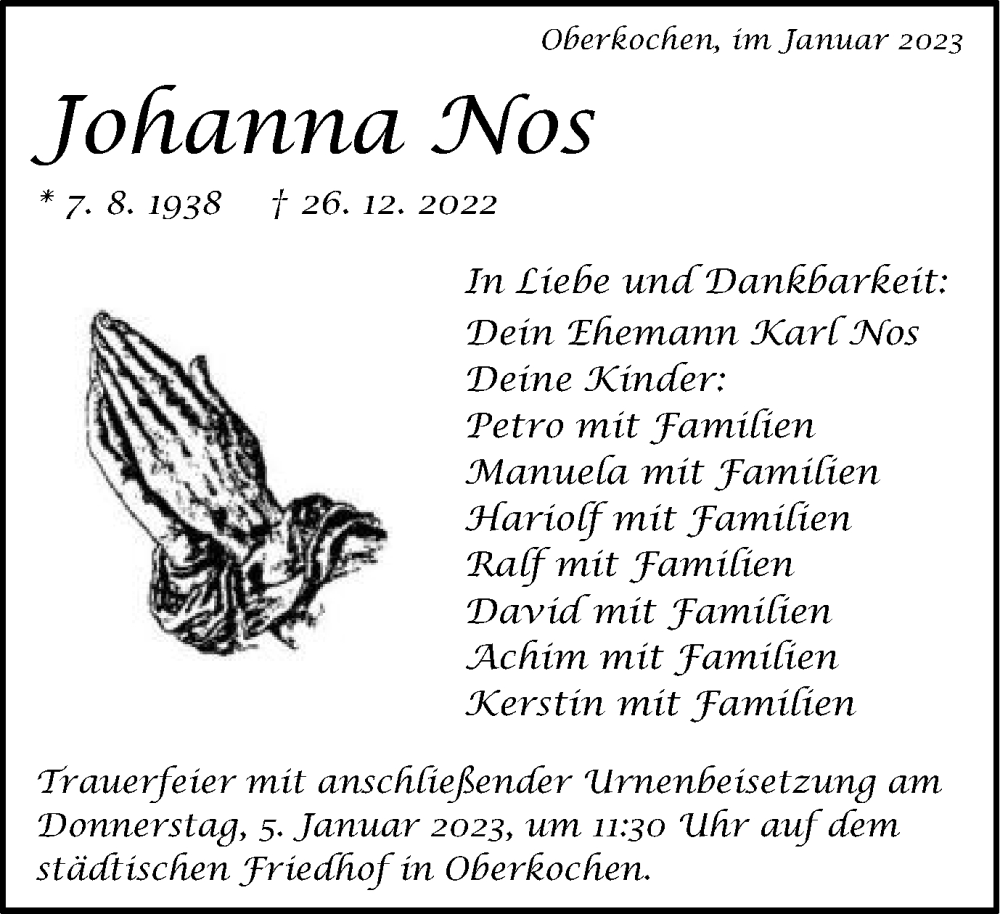  Traueranzeige für Johanna Nos vom 02.01.2023 aus Schwäbische Post