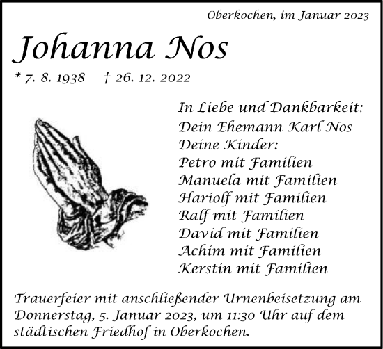 Traueranzeige von Johanna Nos von Schwäbische Post