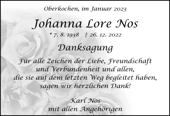 Traueranzeige von Johanna Lore Nos von Schwäbische Post