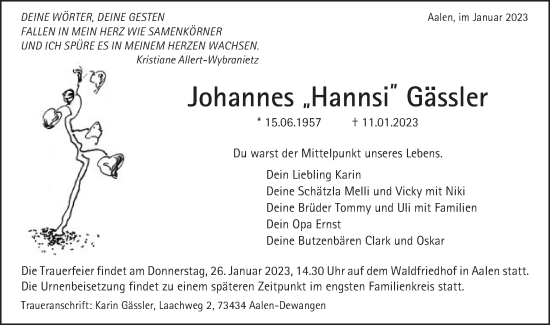 Traueranzeige von Johannes Gässler von Schwäbische Post