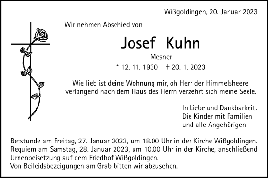 Traueranzeige von Josef Kuhn von Gmünder Tagespost