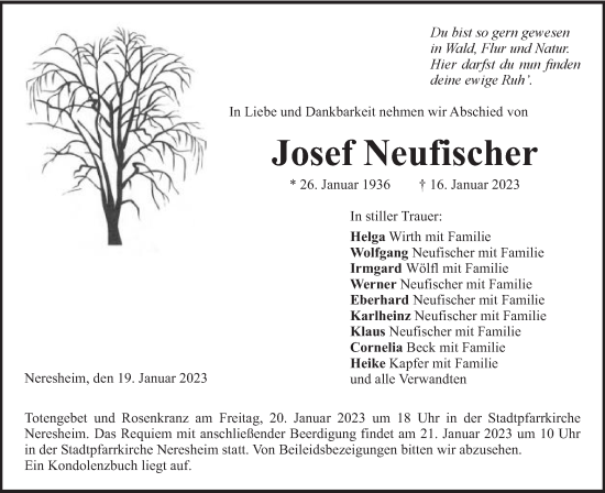 Traueranzeige von Josef Neufischer von Schwäbische Post