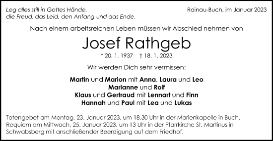 Traueranzeige von Josef Rathgeb von Schwäbische Post