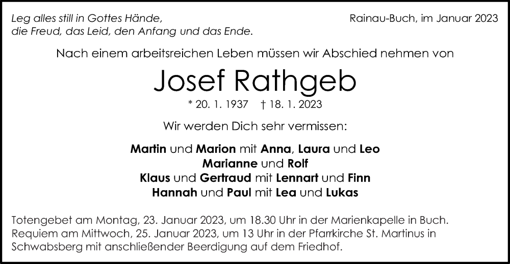  Traueranzeige für Josef Rathgeb vom 21.01.2023 aus Schwäbische Post