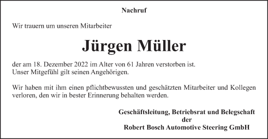 Traueranzeige von Jürgen Müller von Gmünder Tagespost