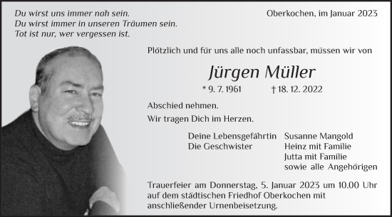 Traueranzeige von Jürgen Müller von Schwäbische Post