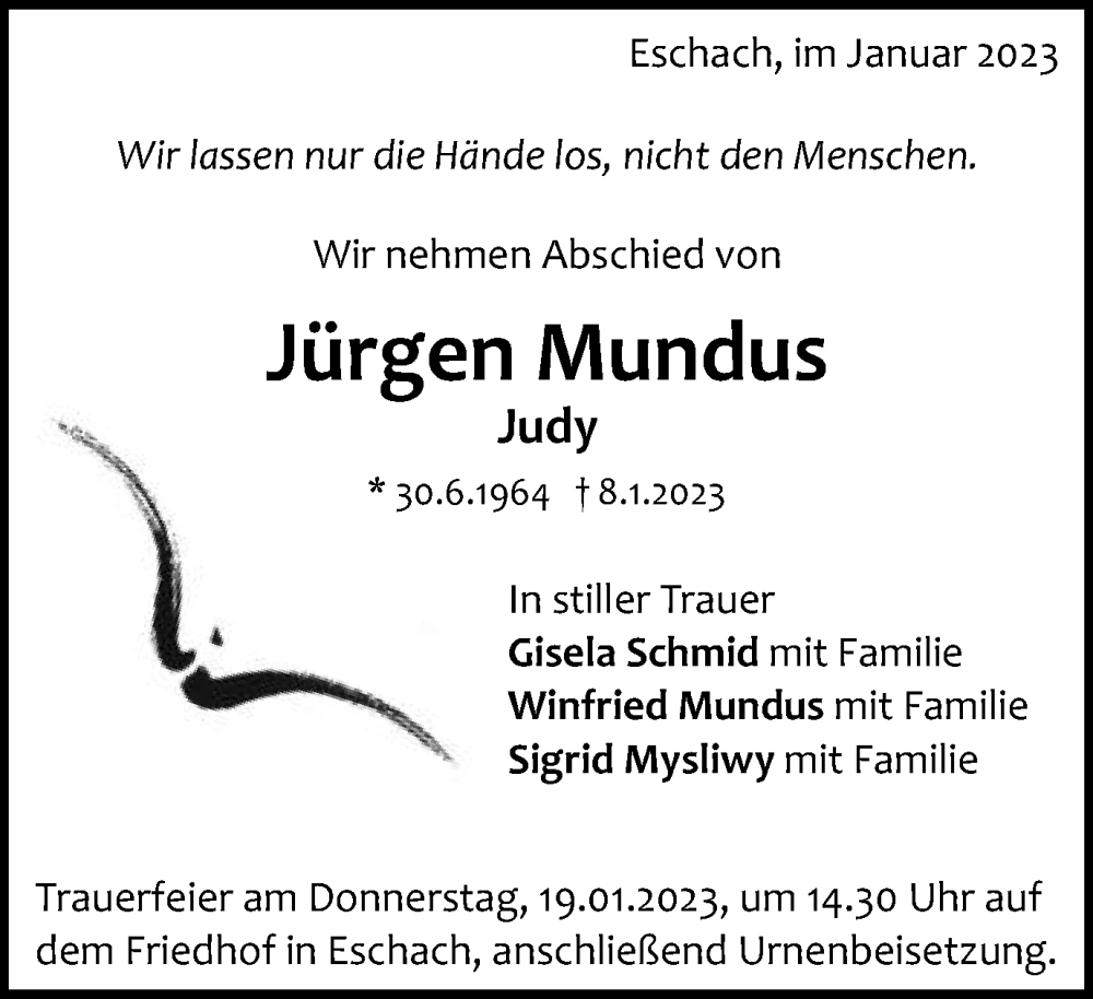  Traueranzeige für Jürgen Mundus vom 17.01.2023 aus Schwäbische Post
