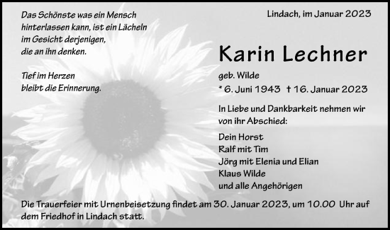 Traueranzeige von Karin Lechner von Gmünder Tagespost