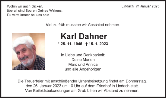 Traueranzeige von Karl Dahner von Gmünder Tagespost