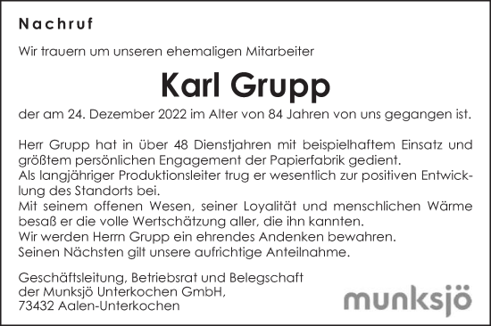 Traueranzeige von Karl Grupp von Schwäbische Post