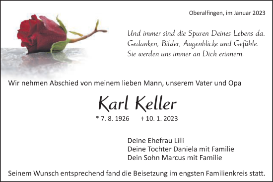 Traueranzeige von Karl Keller von Schwäbische Post