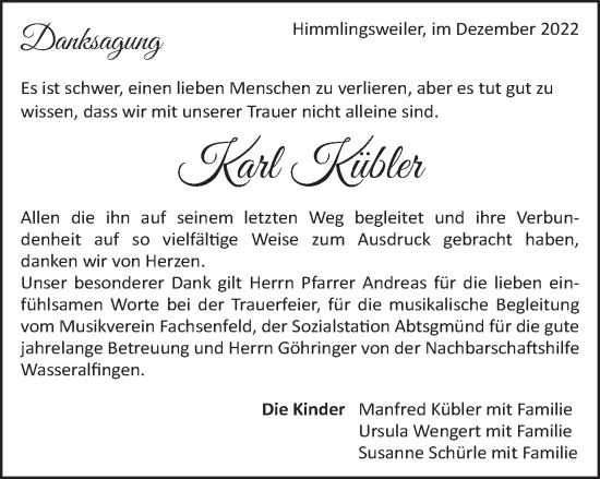 Traueranzeige von Karl Kübler von Schwäbische Post