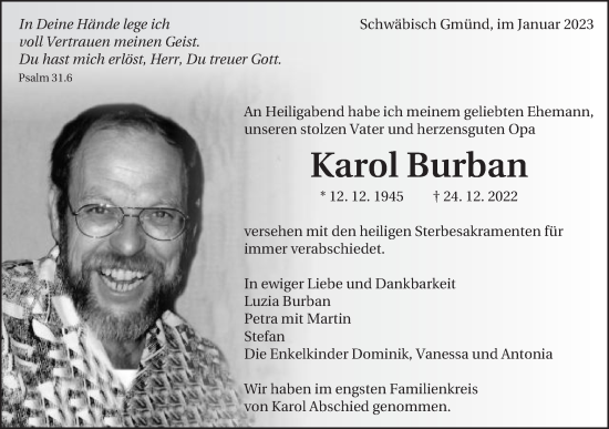 Traueranzeige von Karol Burban von Gmünder Tagespost