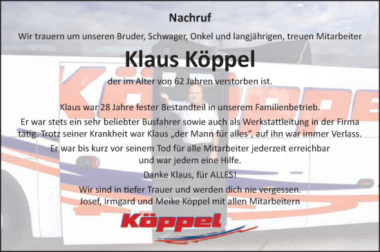 Traueranzeige von Klaus Köppel von Schwäbische Post