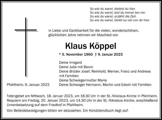 Traueranzeige von Klaus Köppel von Schwäbische Post