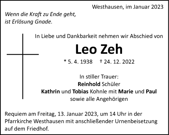 Traueranzeige von Leo Zeh von Schwäbische Post