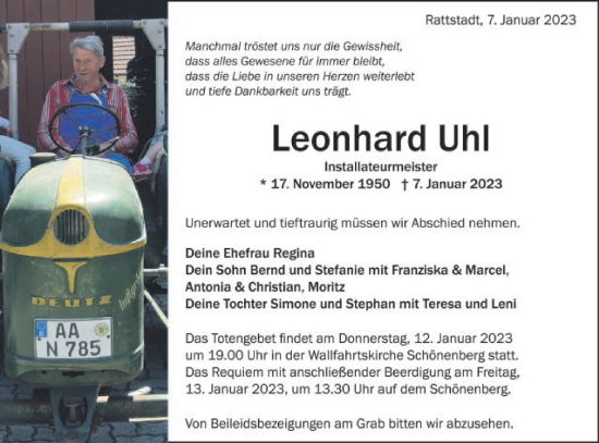 Traueranzeige von Leonhard Uhl von Schwäbische Post